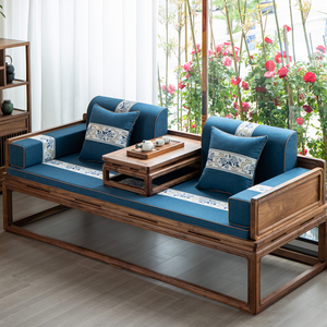 新中式亚麻坐垫五件套实木红木沙发垫子四季防滑罗汉床海绵椰棕垫