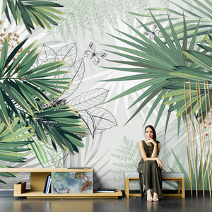手绘热带植物叶子壁纸客厅影视墙布壁画电视背景墙纸卧室壁布高档