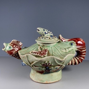 古董瓷器清代石湾窑捏塑荷叶鱼纹茶壶全品老货收藏老瓷器古玩杂项