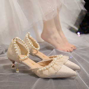法式主纱婚鞋高级感香槟色伴娘水晶订婚礼服鞋一字带成人礼高跟鞋