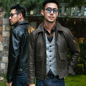 皮衣男头层牛皮真皮夹克青年复古休闲短款外套手工擦色做旧春秋款
