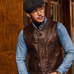 真皮马甲男头层绵羊皮休闲机车服时尚复古背心秋冬皮衣夹克皮坎肩