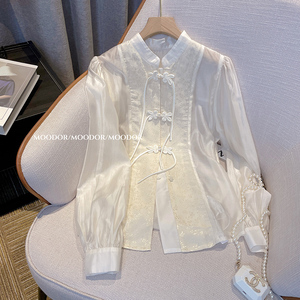 新中式白色衬衫女2024年春装新款国风盘扣打底衫马面裙搭配的上衣