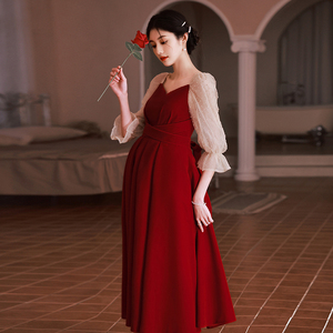 孕妇敬酒服新娘高腰遮肚子夏季酒红色晚礼服女订婚怀孕期小个子夏