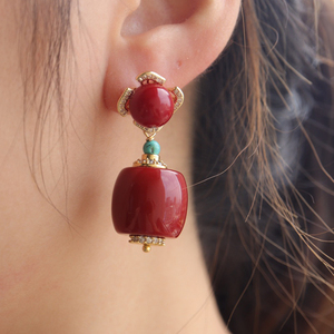 新款藏族藏式珊瑚耳环原矿拼接鼓珠耳饰桶珠耳坠饰品服饰表演配饰