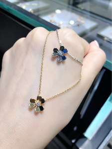 vca梵克雅宝 frivole 18k黄金白金 带钻三叶草项链 锁骨链mini款