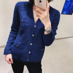 代购chanel/香奈儿女装秋款蓝色v领毛衣外套羊毛羊绒雪花纽扣开衫
