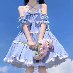 夏季日系可爱软妹洛丽塔挂脖露肩蝴蝶结蓝色蛋糕裙学生吊带裙少女