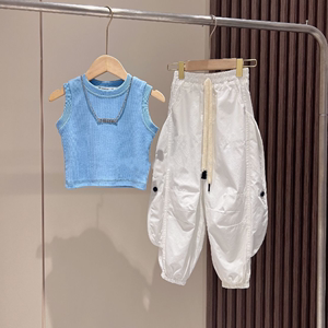 韩版时髦项链背心工装裤套装女童夏季新款多巴胺儿童休闲两件套潮