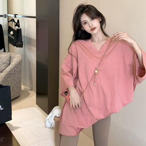 粉色v领短袖t恤女夏新款薄款简约百搭韩版宽松慵懒风中袖上衣ins