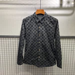 新款lvнmua潮男时尚修身衬衫翻领休闲印花长袖衬衣情侣款上衣男