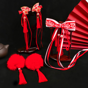 中国风小朋友新年过年红色古风流苏发夹女侧边发卡汉服头花头饰品