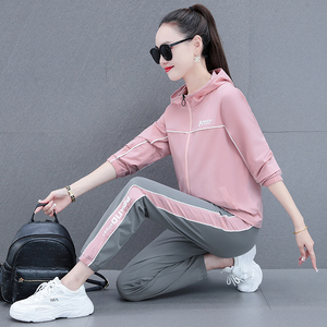 天猫名牌卫衣套装女春秋薄款时尚宽松连帽运动装两件套女士休闲跑步服