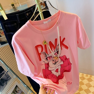 夏季粉色小猪印花短袖正肩t恤女2022新款宽松chic港味独特上衣ins