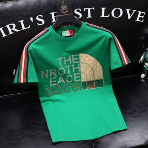 北面人产尚古驰正联名男士短袖t恤 22夏季新款丝光棉重工烫钻圆领