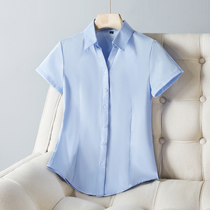 蓝色短袖衬衫女夏季透气工装职业装气质寸衫工作服套装面试白衬衣