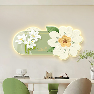 奶油风餐厅装饰画钟表挂钟led灯画发光肌理感花卉饭厅餐桌墙壁画