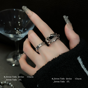 黑水晶戒指女小众设计高级感不掉色几何冷淡风时尚个性开口食指环
