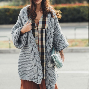 秋冬手工棒针编织麻花针织开衫外套 欧美博主ins跨境中长款毛衣女