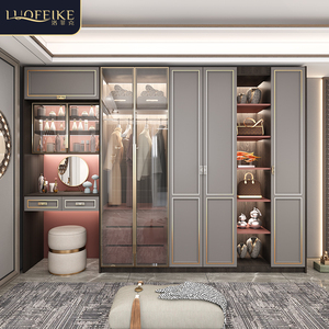 新中式玻璃门衣柜轻奢家用卧室四六门木质大衣橱带梳妆台一体柜子