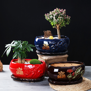 创意高档发财树陶瓷花盆带托盘家用客厅办公桌面多肉招财进宝花盆