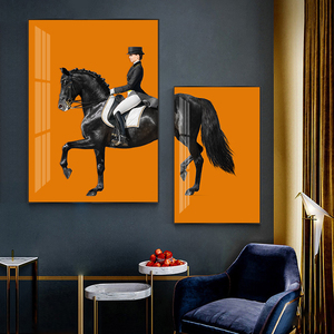 北欧轻奢挂画橙色骑马客厅装饰画爱马仕现代简约创意书房餐厅壁画