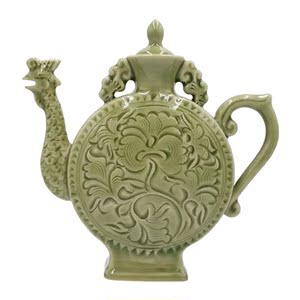 铜川宋耀州窑青瓷青釉凤鸣壶送礼酒壶仿古酒具陶瓷古董收藏品摆件