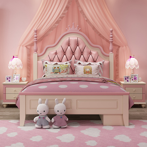欧式儿童床女孩单人床1.2米小户型学生儿童房女童床 粉红色公主床