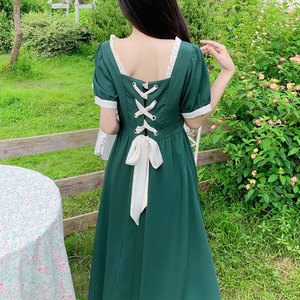大码梨形身材墨绿色a字长裙女夏胖mm法式后背绑带收腰显瘦连衣裙