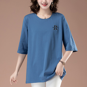 大码女装纯棉七分袖t恤胖m宽松春秋中袖上衣妈妈新款打底遮肚小衫