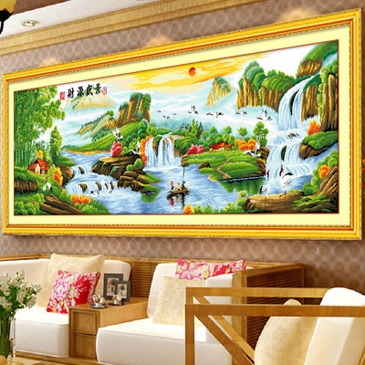电脑机绣十字绣成品迎客松财源盛景 客厅简约现代山水风景画出售