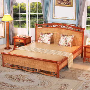 藤夫真藤床藤木大床一米五藤艺单双人床一米八滕编中式大款1.8米
