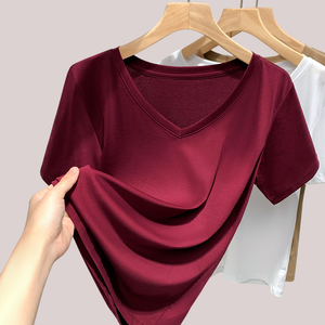 酒红色短袖t恤女2024夏季新款高品质丝光棉体恤女装高级感v领上衣