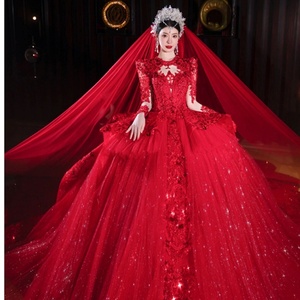 红纱婚纱主纱高级礼服新款奢华小个子。2024在逃红色结婚新娘长袖