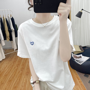 韩国精棉白色短袖T恤女2023夏季圆领宽松爱心刺绣上衣复古体恤衫