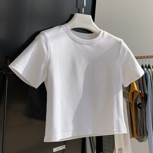 白色圆领短袖t恤女2022夏修身短款t桖打底衫百搭休闲体桖纯棉上衣