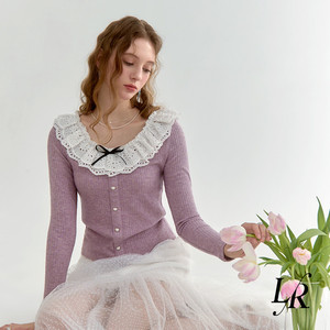 Lycheerose荔枝肉 粉紫色蕾丝领法式温柔上衣气质蝴蝶结春设计感