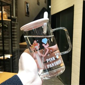 可爱大容量透明粉红豹玻璃杯女奶茶杯家用泡茶吸管高硼硅马克杯