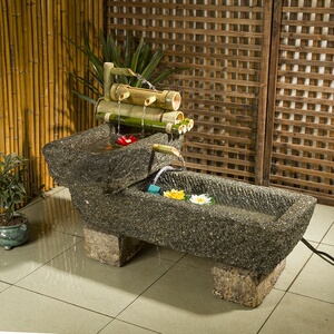 水景长方形中式户外室内外牛槽水缸青石盆景盆石磨盘民间石槽鱼槽