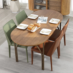 小户型椭圆形复古实木饭桌锯齿印轻奢现代简约餐桌家用吃饭桌子