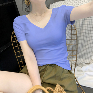 紫蓝色V领短袖t恤女2023夏季新款韩版紧身百搭性感半袖上衣ins潮