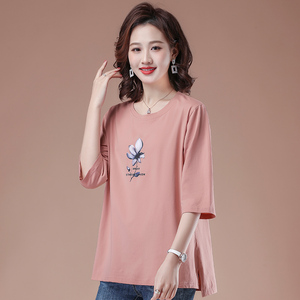 全棉妈妈七分袖t恤女宽松夏季纯棉体恤中年女装休闲简约印花t桖薄