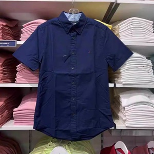 代购汤米Tommy男士纯棉短袖衬衫商务休闲衬衣蓝色牛津纺半袖夏季