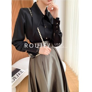 ROUJE LEOK法式大尖领缎面黑色衬衫女设计感小众洋气时尚上衣高级