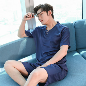 夏季男士冰丝绸套头睡衣短袖短裤韩版青年学生休闲薄款可外穿套装