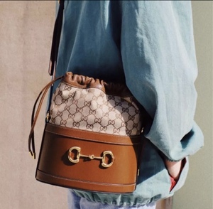 gucci古驰女包1955系列经典马衔扣高级帆布拼皮水桶包单肩包斜挎