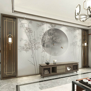 中式墙纸古典雅致风格壁画竹影圆月意境电视沙发背景墙布全屋定制