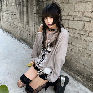 ariadnaw原创针织套头长袖十字架字母印花朋克亚文化街头春夏女