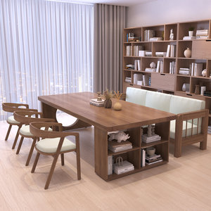 实木客厅大长书桌书架一体家用双人学习桌工作台原木长条办公桌椅