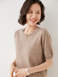 戎美时尚高端女装官方旗舰店反季圆领女100纯羊毛衫短袖t恤上衣宽